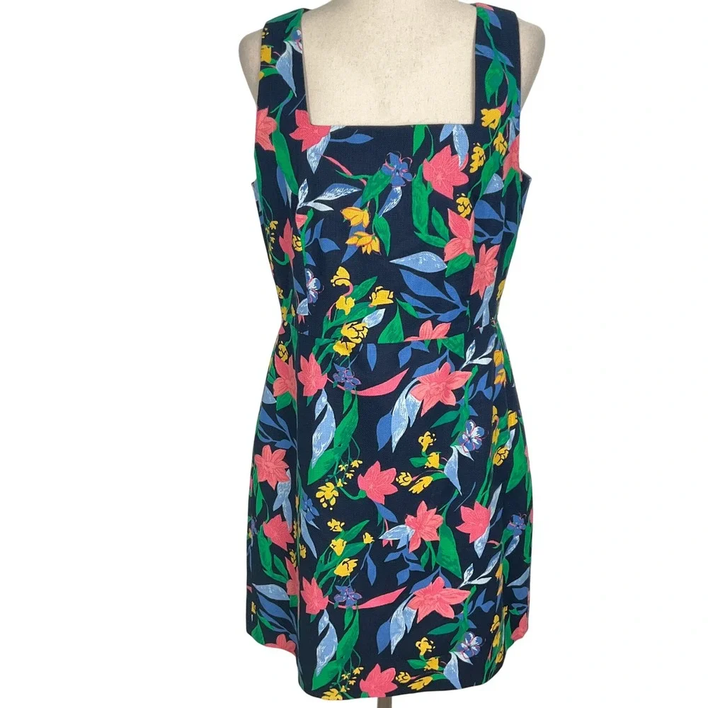 J‎ Crew Dress 10 Blue Pink Floral Sundress Sleeveless Square Cotton Tropical